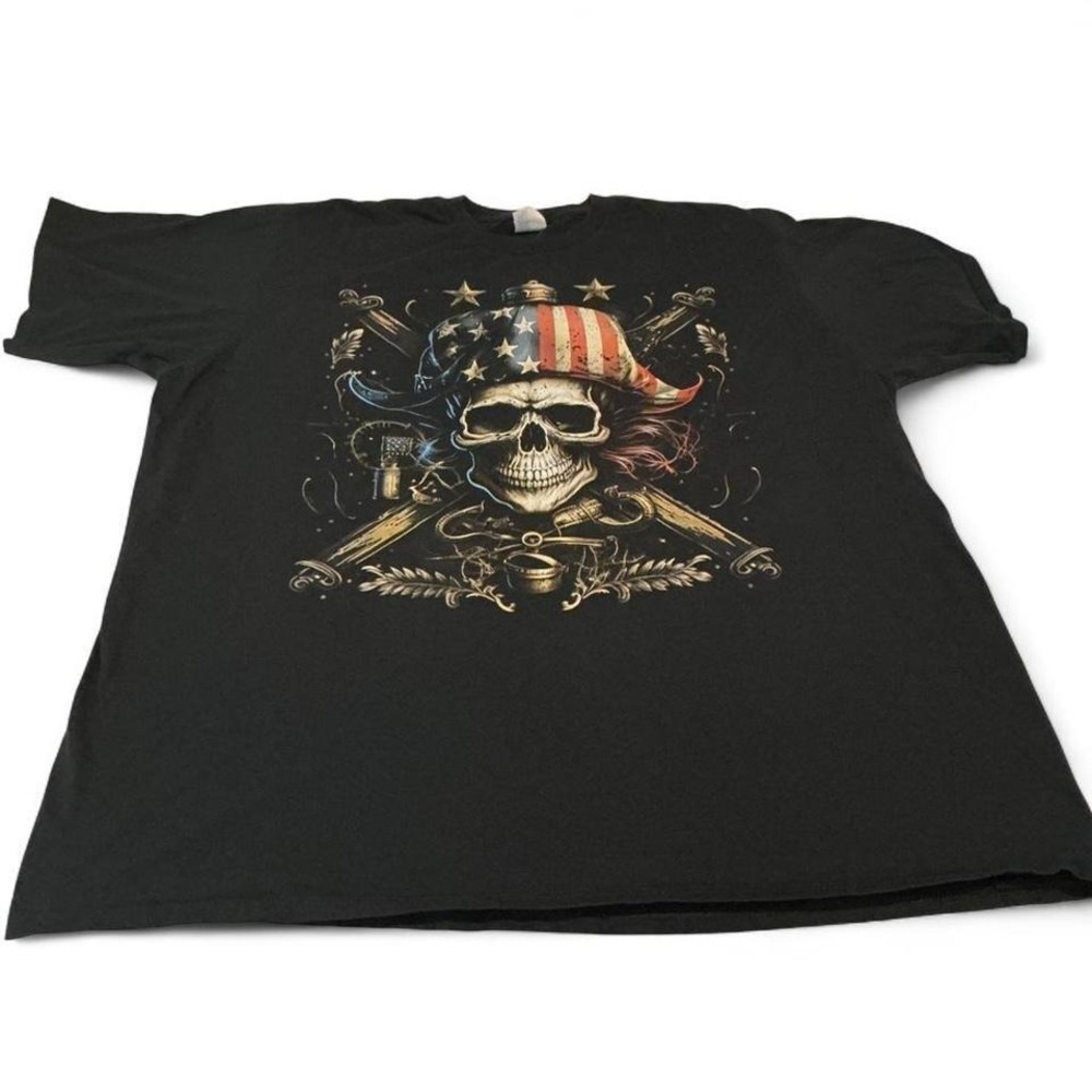 Port & Company Skull American Flag Graphic T-Shirt Mens 2XL Black Excellent
